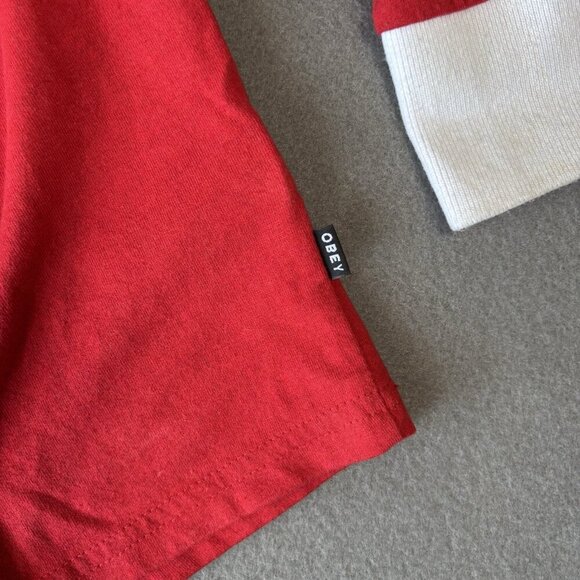 OBEY Worldwide Structure Men's Size M Polo Shirt Rugby Red White Striped Y2K VTG - Picture 5 of 14